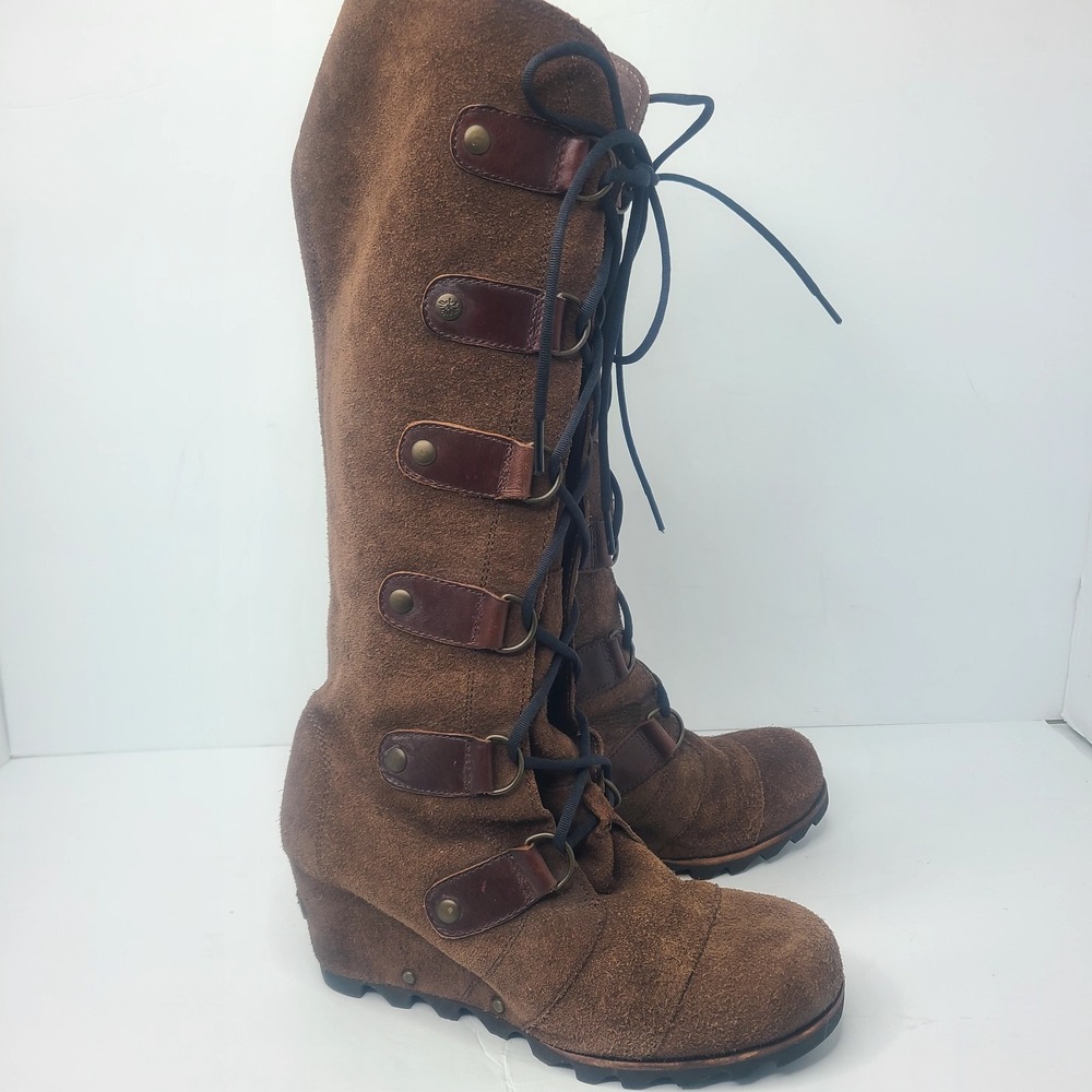 Sorel Joan Of Arctic Wedge Brown Suede Leather Tall Boot Women's 8.5